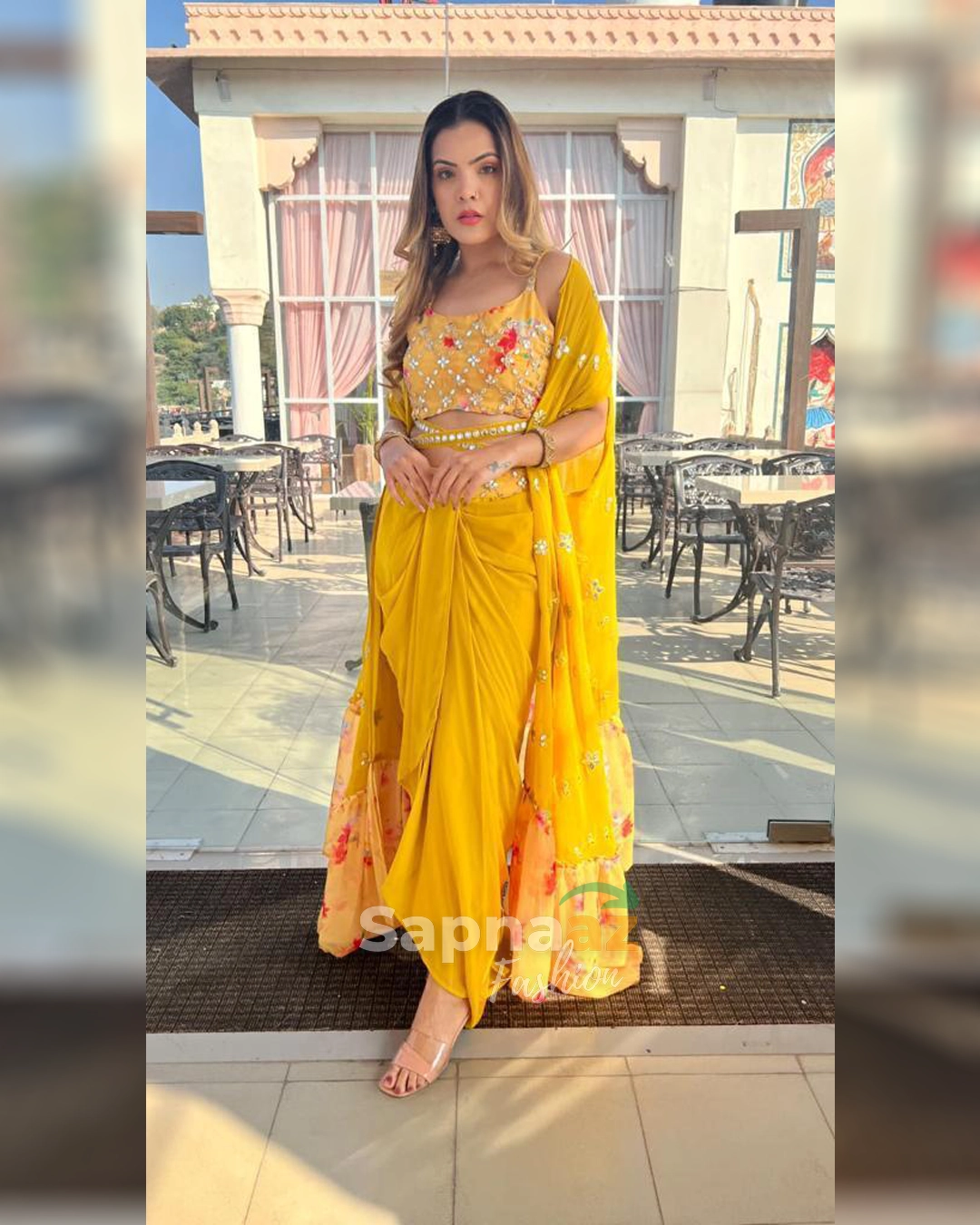 Stunning Wedding Season Sarong Dress with Foil Work Choli and Shrug