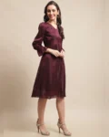 Burgundy Blossom Georgette Fit & Flare Dress - Casual Chic with Timeless Sophistication
