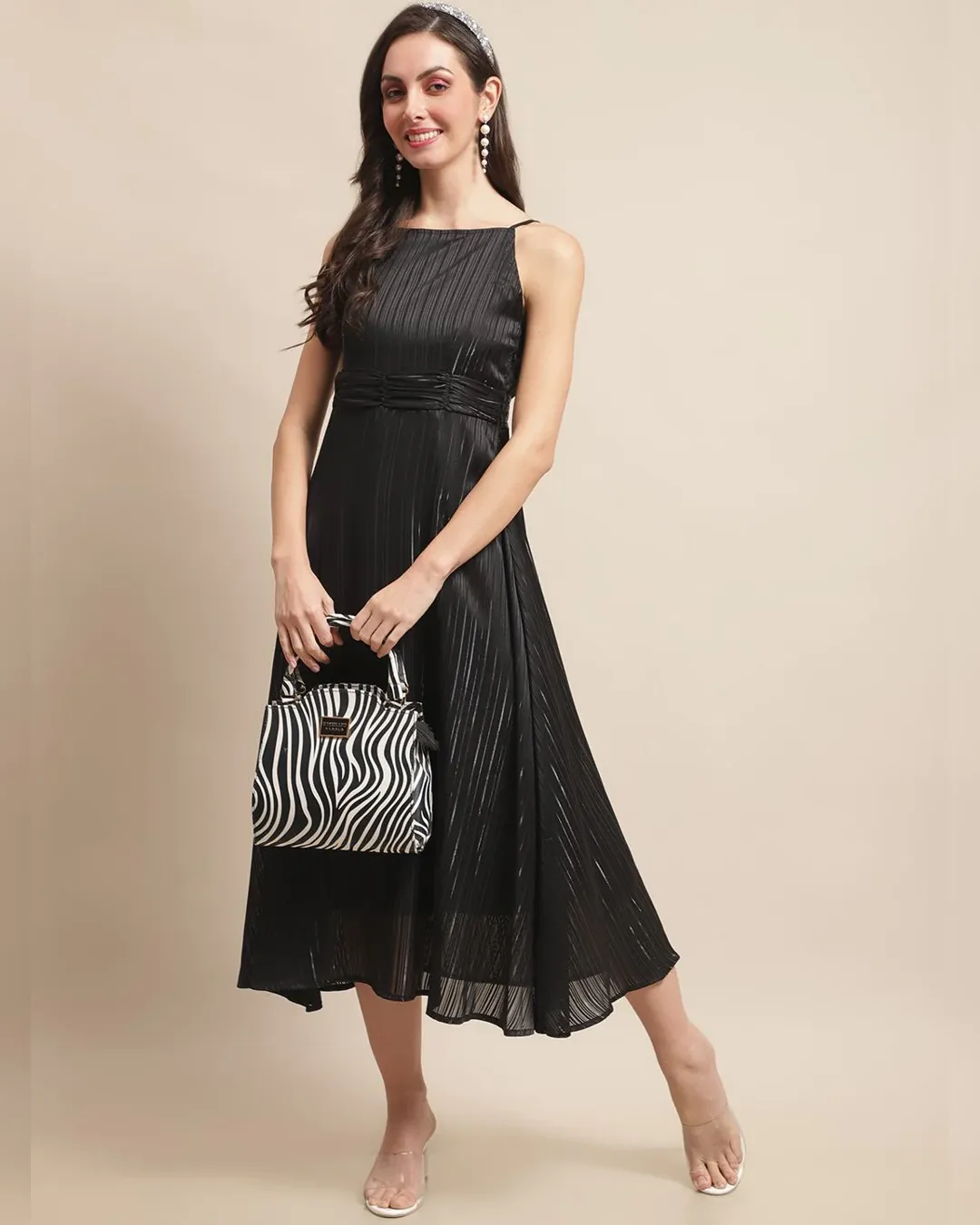 Midnight Elegance: Georgette Fit & Flare Midi Dress