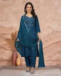 Women's Cotton Blend Embroidered Kurti with Pant & Silk Dupatta Set