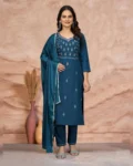 Women's Cotton Blend Embroidered Kurti with Pant & Silk Dupatta Set