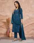 Women's Cotton Blend Embroidered Kurti with Pant & Silk Dupatta Set
