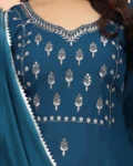 Women's Cotton Blend Embroidered Kurti with Pant & Silk Dupatta Set