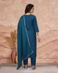 Women's Cotton Blend Embroidered Kurti with Pant & Silk Dupatta Set