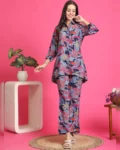 Blue Color Floral Printed Chanderi Premium Co-Ords Set