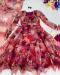 Organza Silk Anarkali Dress with Digital Print and Lace Border