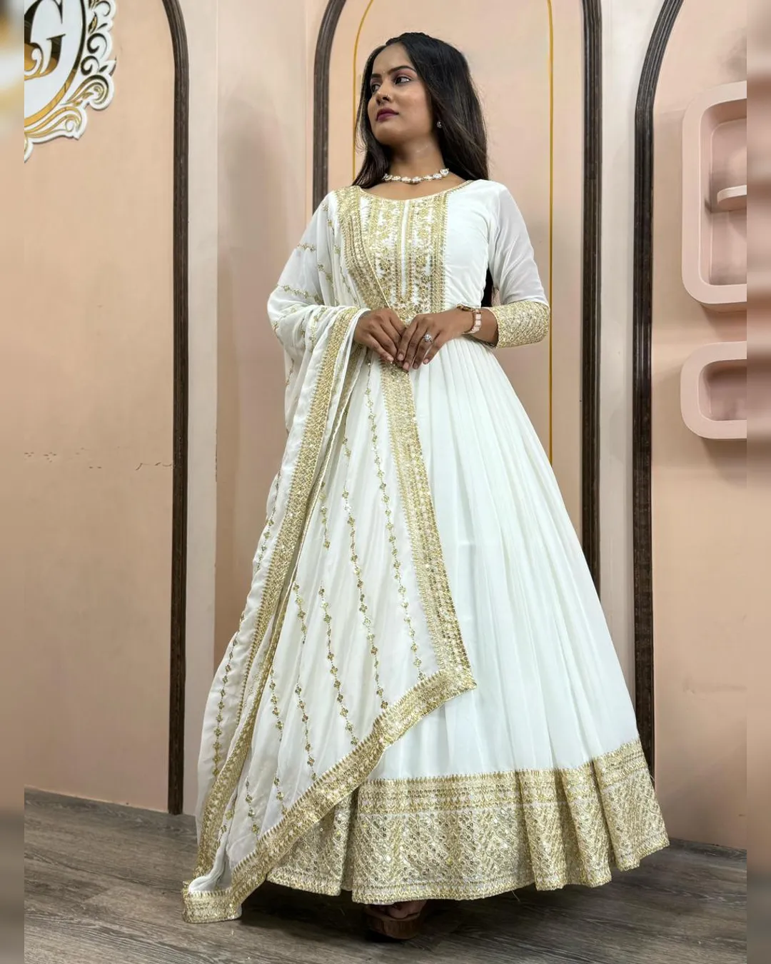 Stylish 3-Piece Embroidered Gown Set with Butter Silk Bottom and 