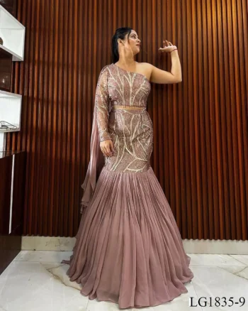white christmas dresses Purple Embroidered Fancy Organza Fishcut Lehenga with Blouse and Dupatta main image 1