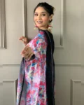 Women's Black Rayon Slub Embroidered Kurta Set with Organza Printed Dupatta