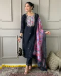 Women's Black Rayon Slub Embroidered Kurta Set with Organza Printed Dupatta