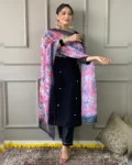 Women's Black Rayon Slub Embroidered Kurta Set with Organza Printed Dupatta