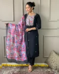 Women's Black Rayon Slub Embroidered Kurta Set with Organza Printed Dupatta