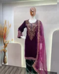 Winter Special Viscose Velvet Embroidered Top-Pant with Mirror Work and Organza Dupatta