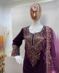 Winter Special Viscose Velvet Embroidered Top-Pant with Mirror Work and Organza Dupatta