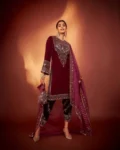 Winter Special Viscose Velvet Embroidered Top-Pant with Mirror Work and Organza Dupatta