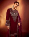 Winter Special Viscose Velvet Embroidered Top-Pant with Mirror Work and Organza Dupatta
