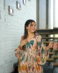 Digital Printed Peach Chinon Gown - Stylish and Comfortable