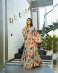 Digital Printed Peach Chinon Gown - Stylish and Comfortable