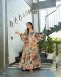 Digital Printed Peach Chinon Gown - Stylish and Comfortable