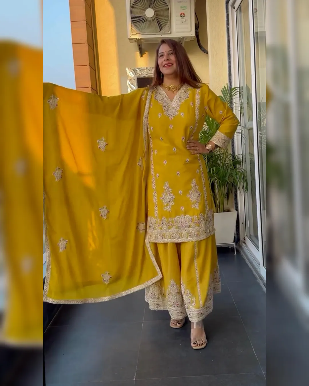 Designer Chinnon Silk Embroidered Top-Palazzo with Dupatta Set video