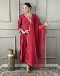 Women's Viscose Chanderi Embroidered Straight Kurta with Pant & Organza Dupatta Set