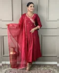 Women's Viscose Chanderi Embroidered Straight Kurta with Pant & Organza Dupatta Set