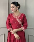 Women's Viscose Chanderi Embroidered Straight Kurta with Pant & Organza Dupatta Set