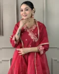 Women's Viscose Chanderi Embroidered Straight Kurta with Pant & Organza Dupatta Set