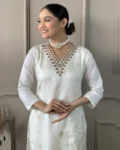 Women's White Viscose Nylon Butti Embroidered Kurta Set with Pant & Silk Jacquard Printed Dupatta
