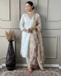 Women's White Viscose Nylon Butti Embroidered Kurta Set with Pant & Silk Jacquard Printed Dupatta