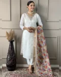Women's White Viscose Nylon Butti Embroidered Kurta Set with Pant & Silk Jacquard Printed Dupatta