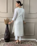 Women's White Viscose Nylon Butti Embroidered Kurta Set with Pant & Silk Jacquard Printed Dupatta