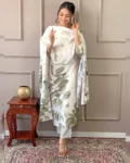 Women's Embroidered French Crepe Kurta Set with Rayon Pant & Digital Print Organza Dupatta