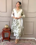 Women's Embroidered French Crepe Kurta Set with Rayon Pant & Digital Print Organza Dupatta
