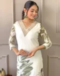 Women's Embroidered French Crepe Kurta Set with Rayon Pant & Digital Print Organza Dupatta