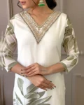 Women's Embroidered French Crepe Kurta Set with Rayon Pant & Digital Print Organza Dupatta
