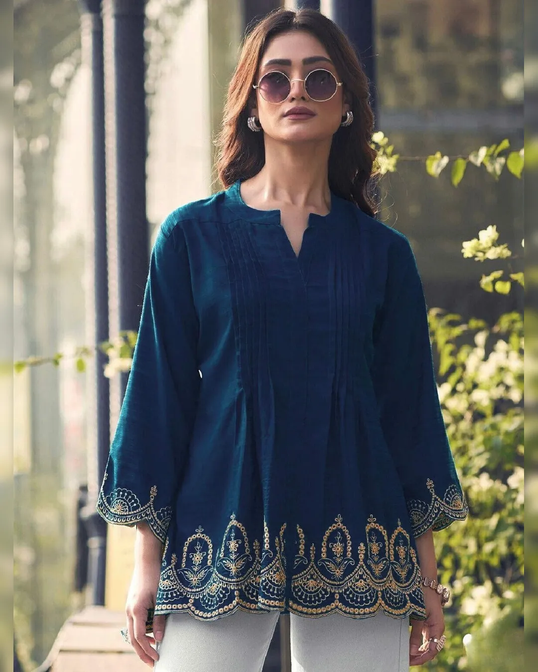 Trendy Short-Length Embroidered Kurti in Heavy Rayon Slub