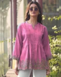 Trendy Short-Length Embroidered Kurti in Heavy Rayon Slub