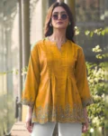 Trendy Short-Length Embroidered Kurti in Heavy Rayon Slub