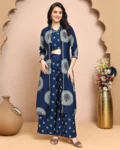 Blue V-Neck Ethnic Printed Co-Ord Set with Palazzo & Jacket