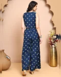 Blue V-Neck Ethnic Printed Co-Ord Set with Palazzo & Jacket