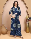 Blue V-Neck Ethnic Printed Co-Ord Set with Palazzo & Jacket
