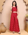 Red V-Neck Ethnic Printed Co-Ord Set with Palazzo & Jacket
