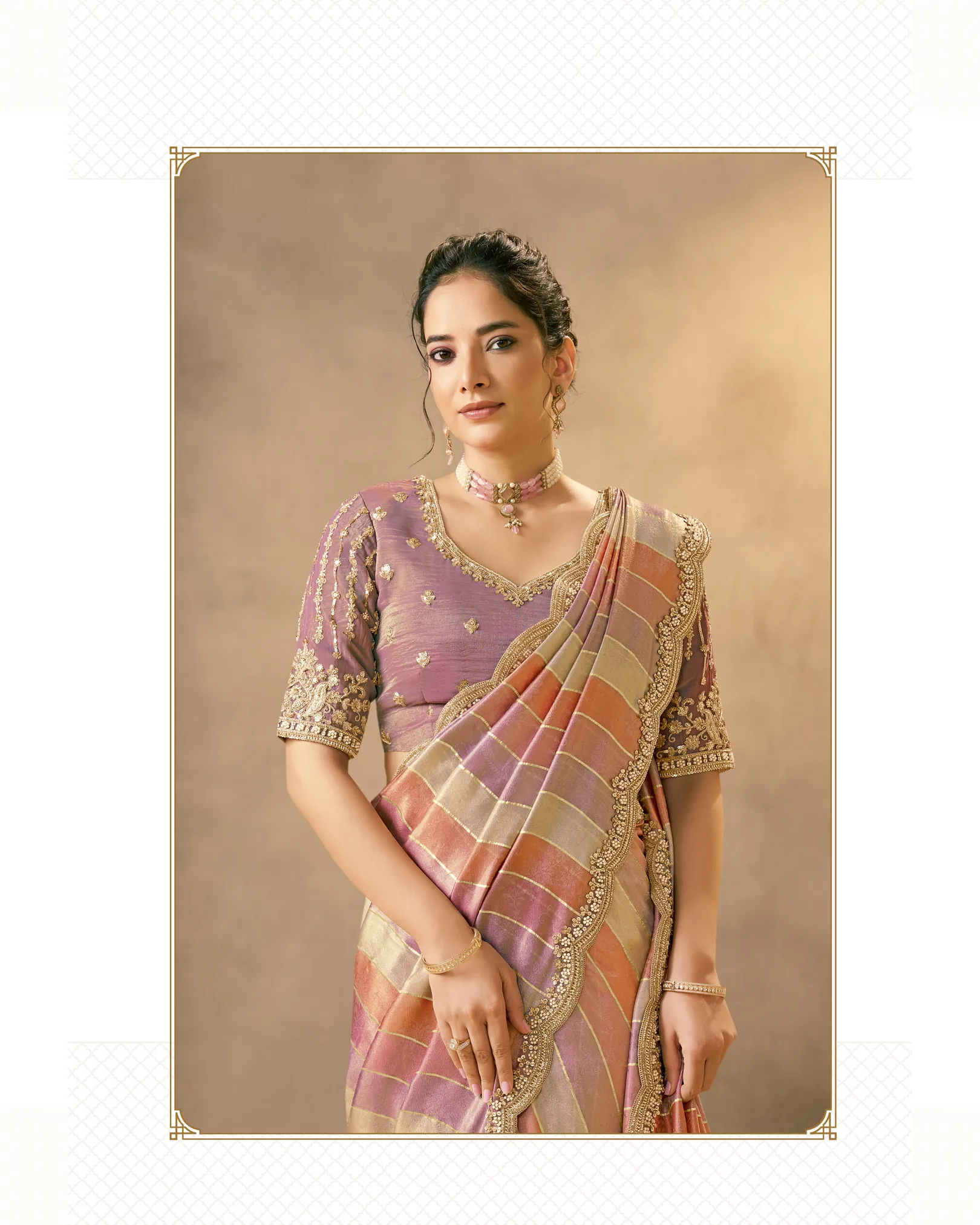 MOHMANTHAN 26300 GAURANGI | Handwoven Banarasi Tissue Saree with Pearl & Bead Embellishment