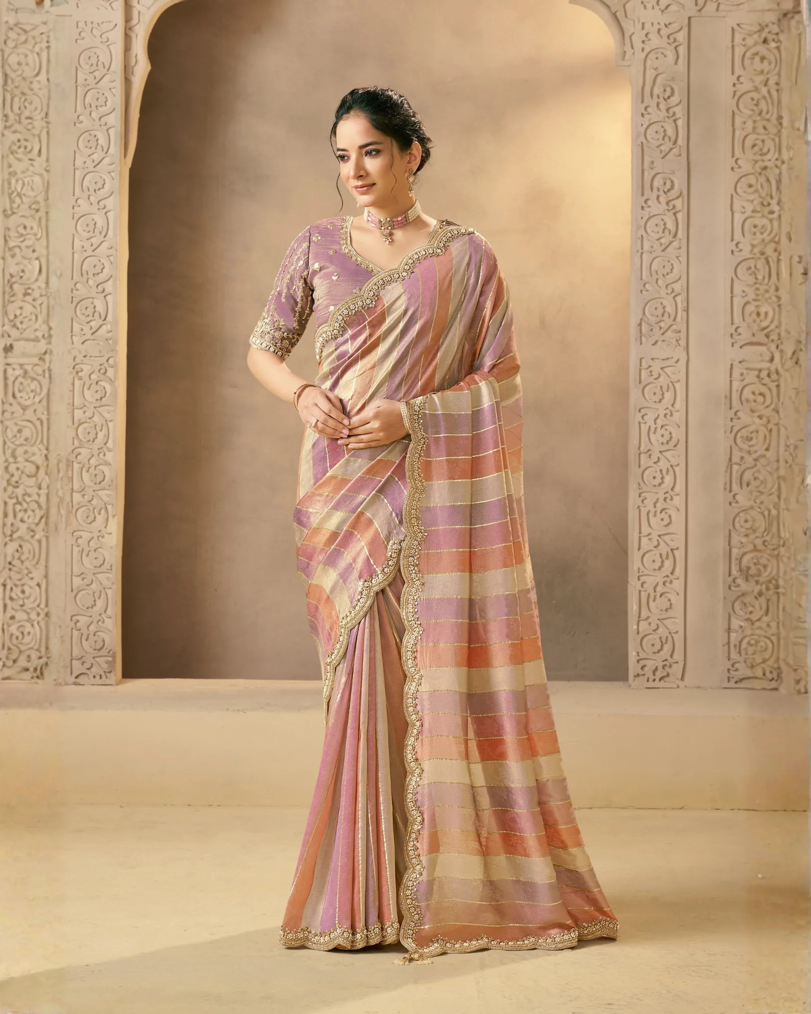 MOHMANTHAN 26300 GAURANGI | Handwoven Banarasi Tissue Saree with Pearl & Bead Embellishment
