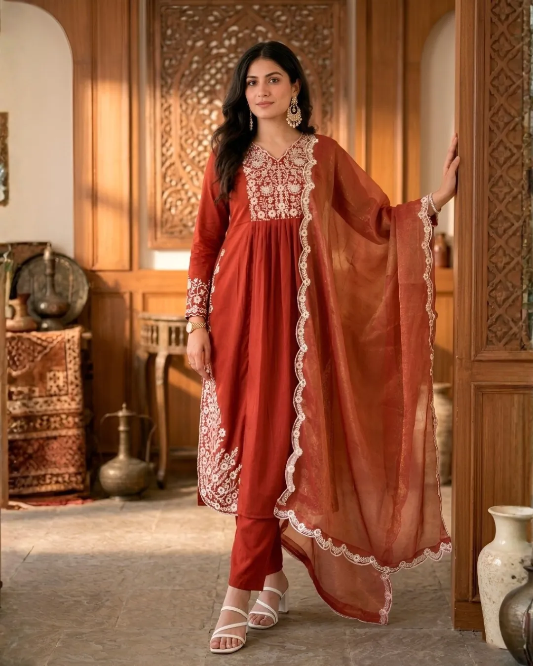 open lace back dress Peach Maxi Gown with Red Dupatta – Rewayat Boutique