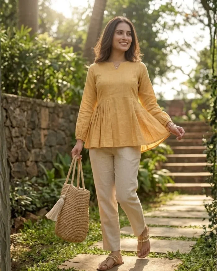 Buy Linen Cotton Top Pant Set with Frill Stitch & Full Sleeves