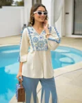 Rayon Slub Embroidered Kurta with Flared Palazzo Set