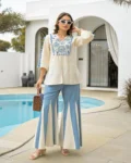 Rayon Slub Embroidered Kurta with Flared Palazzo Set