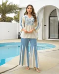 Rayon Slub Embroidered Kurta with Flared Palazzo Set